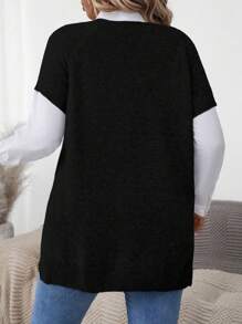 Momelise Atasan Rajut Lengan Raglan Leher V Wanita Ukuran Besar, Warna Polos Kasual, Tidak Termasuk Kemeja Rajut Pullover Musim Gugur Musim Dingin - Hitam - View 2