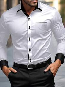 Manfinity Mode Men Contrast Color Patchwork Long Sleeve Casual Commuter Shirt, Autumn