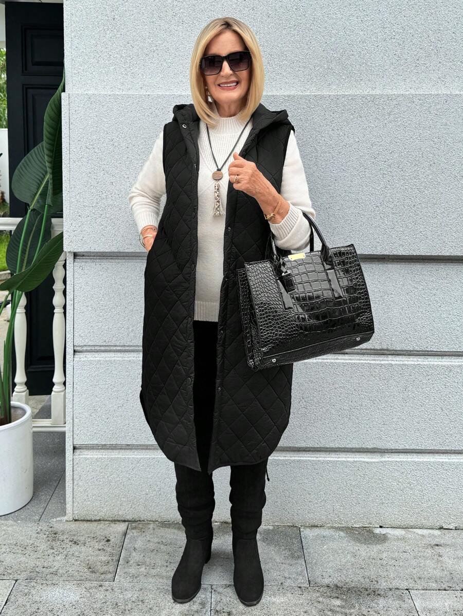 SHEIN LUNE 女士冬季连帽长款无袖休闲棉服外套 - 黑色 - 查看 1