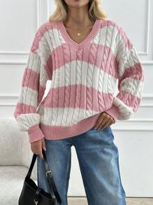 SHEIN Cottnline Women'S Striped Color Block Drop Shoulder Sweater - Baby Pink - View 4