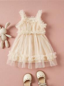 Souflis Souflis 女婴荷叶边饰边网眼覆盖吊带连衣裙 - 卡其色 - 查看 7