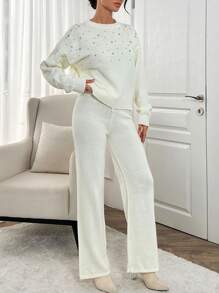 RueChic Elegant Crew Neck Drop Shoulder Rhinestone And Pearl Beaded Sweater & Wide Leg Plain Solid Sweater Pants 2 Piece Knit Set