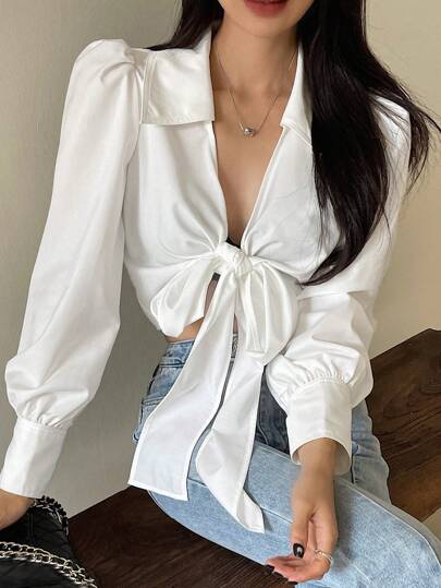 DAZY 1pc Solid Color Fitted Tie Sleeve Ladies Blouse,Fall Clothes Long Sleeve Top