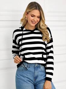 SHEIN LUNE 带口袋的休闲条纹女式连帽衫，适合返校季、秋冬季街头时尚 - 黑與白 - 查看 3