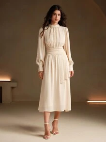 Anewsta Elegante vestido de mujer con mangas largas y cintura recogida en jacquard, atuendo de mujer largo para otoño