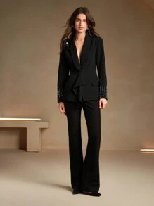 Anewsta Áo khoác Blazer nữ sang trọng đính hạt cườm kiểu Pháp - màu đen - Xem 7