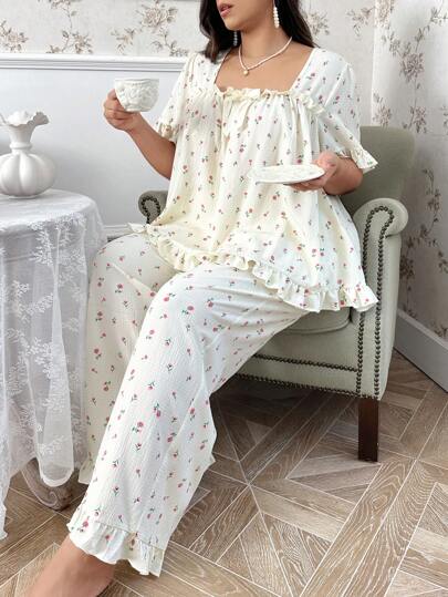 CottageSlumber Plus Size Women's Pajama Sleepwear Set With Large Rose Printed Square Neckline And Bow Bountiful Floral Splendor Cozy And Elegant Details