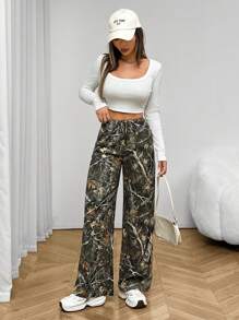 SHEIN PETITE 女士时尚迷彩印花阔腿裤