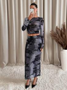 SHEIN Clasi 2 bộ trang phục dự tiệc đuôi cá bó sát họa tiết hoa nhung cổ điển thanh lịch - màu đen - Xem 5