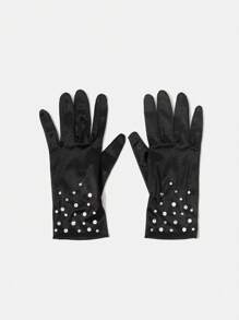 The Great Gatsby x MOTF PREMIUM 1 PAIR WOMEN'S ELEGANT DIAMOND/CRYSTAL LINE BLACK SATIN FULL FINGER GLOVES, SUITABLE FOR WEDDING PARTY - Black - View 4