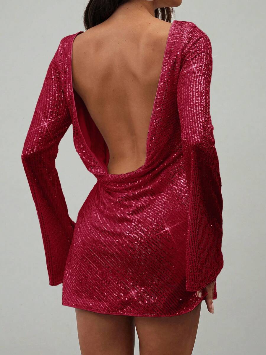 Aloruh Women's Party Draped Neck Backless Sequin Mini Dress - Burgundy - View 1