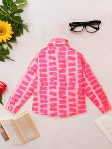 Tween Girls All Over Print Turn-Down Collar Jacket, Fashionable Street Style, Autumn - Hot Pink - View 2