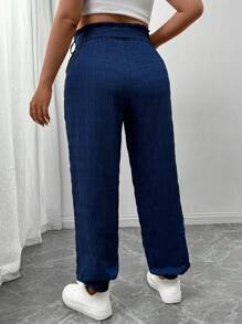 SHEIN Frenchy Pantalones holgados de talla grande para mujer de diseño con lazo en la cintura, de moda informal y transpirables, en azul marino/azul zafiro