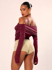MUSERA Long Sleeve Foldover Ruched Fitted Top Holiday Ibiza Beachwear Off The Shoulder Tops Going Out Tops Club Fall Autumn Winter Elegant Spring Summer - Burgundy - View 2