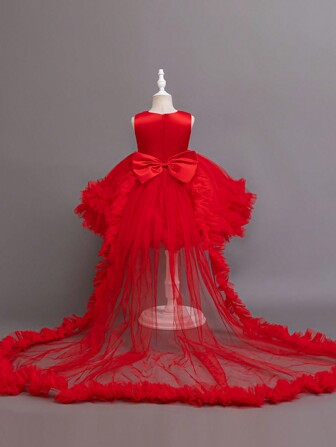 Glamorique Kids Formelles Ballkleid für Kleine Mädchen zur Weihnachtszeit - Taille mit Strass, ärmellos, rückenfreies Prinzessinnenkleid aus Tüll, rotes Netzstoff mit weißem Schleppe