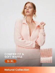 LUVLETTE Women Pink Winter Soft Waffle Collared Button Pullover Long Pajama Loungewear Lightweight Set Lounge Set Sport Casual Comfy Outfits Activewear Lingerie As Outerwear - Baby Pink - View 1