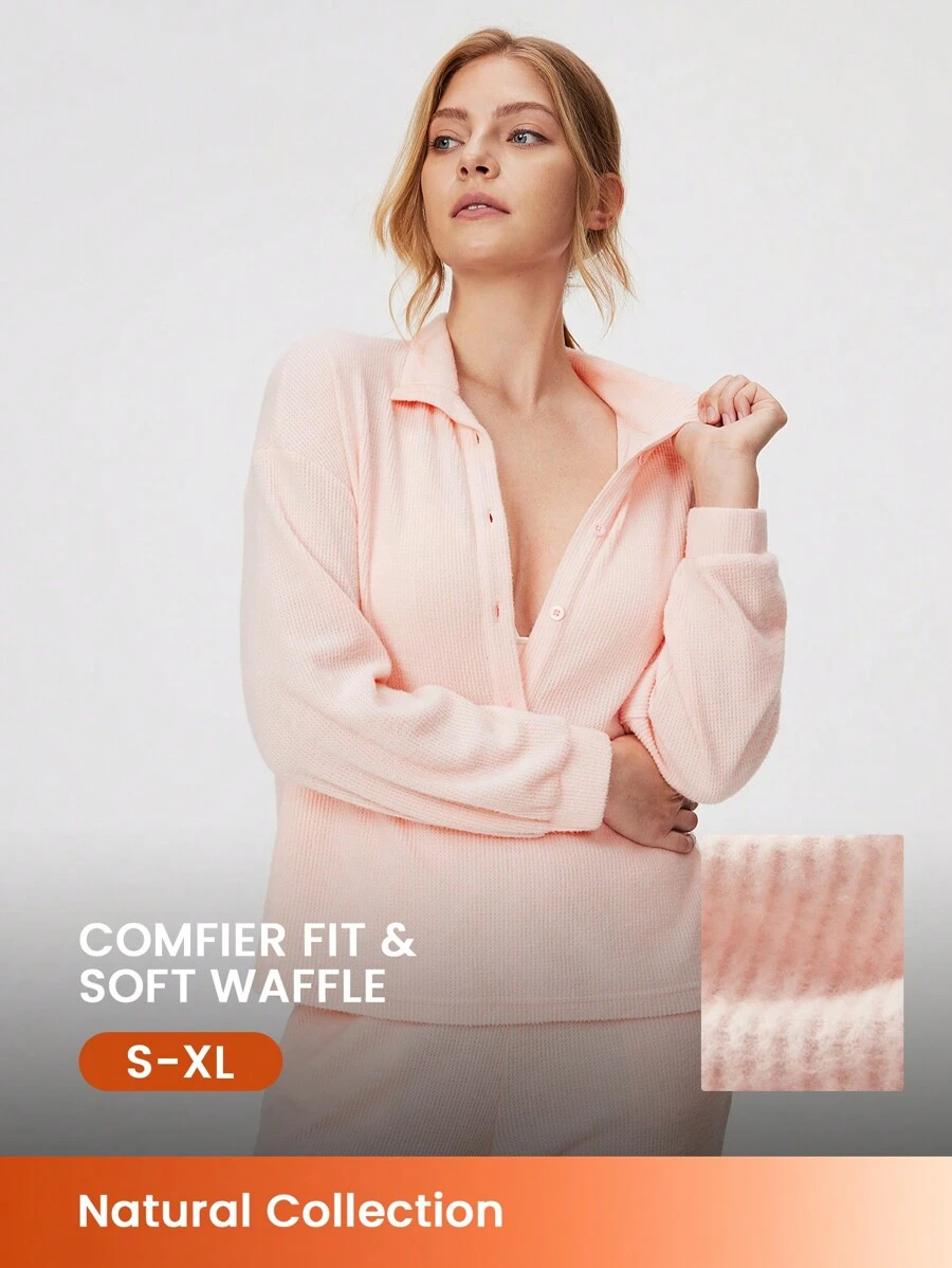 LUVLETTE Women Pink Winter Soft Waffle Collared Button Pullover Long Pajama Loungewear Lightweight Set Lounge Set Sport Casual Comfy Outfits Activewear Lingerie As Outerwear - Baby Pink - View 1