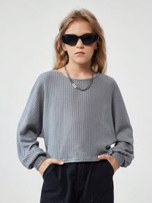 SHEIN Camiseta de manga de murciélago con textura gris informal para niñas preadolescentes, otoño - Gris - Ver 4