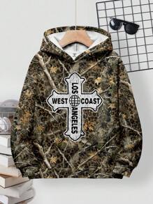 SHEIN Outdoor Clothing, Los Angeles, Camping, Fishing, Tween Boy Casual Loose Fit Thermal Lined Sweatshirt, Suitable For Autumn And Winter - Multicolor - View 3