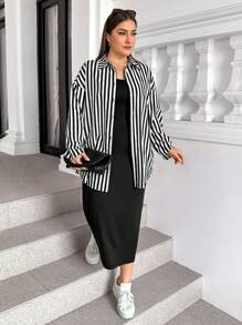 SHEIN Essnce Damen Große Größen Herbst- und Wintermode bequemer schwarz-weiß gestreifter langärmliger Knopfhemd und schwarzes Schlankheitskleid Zweiteiler, Herbstmode für Damen, Herbstoutfit Sets
