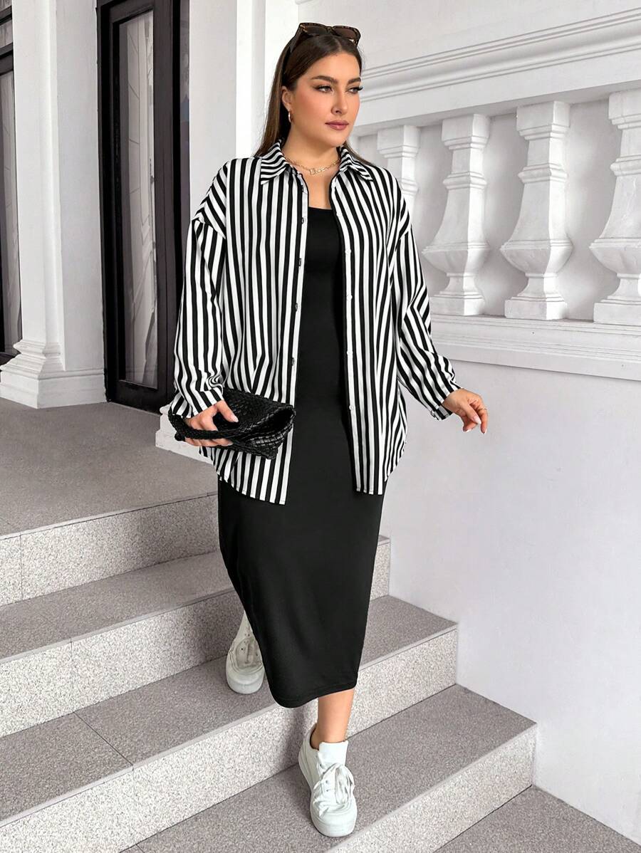 SHEIN Essnce Damen Große Größen Herbst- und Wintermode bequemer schwarz-weiß gestreifter langärmliger Knopfhemd und schwarzes Schlankheitskleid Zweiteiler, Herbstmode für Damen, Herbstoutfit Sets