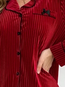 Solid Color Velvet Bow Decor Women Fluffy Pajama Set, Fall Winter Clothes, Cozy - Burgundy - View 7