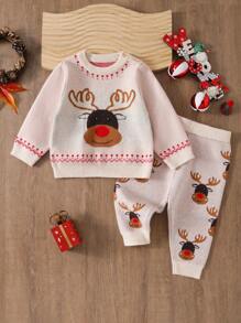 2pcs Baby Boys Christmas Sweater Set, Reindeer Pattern Round Neck Pullover Sweater And Elastic Cuff Pants - Apricot - View 1
