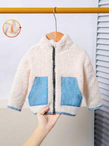 Toddler Girls Cute Casual Beige Fuzzy Mix Denim Zipper Jacket, Winter - Beige - View 1