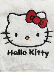 HELLO KITTY AND FRIENDS | SHEIN 2 件套女婴可爱甜美休闲白色卡通猫印花蝴蝶结连帽衫运动衫和黑色爱心运动裤泰迪熊套装