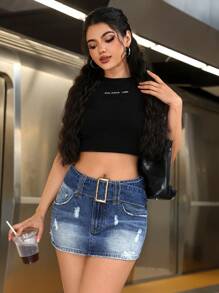 Women's Street Style Ripped Buckle Belted Tight Denim Skirt - Light Wash - View 4