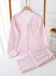 SHEIN Explorewe Bộ 2 món/Bộ quần dài thường ngày sọc hồng và bộ đồ ngủ dài tay thoải mái cho bé gái tuổi teen - Hồng - Xem 2