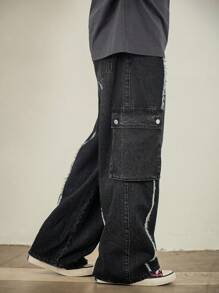 DAZY Jeans cargo holgados con bolsillo con solapa de borde crudo, estilo urbano, para otoño
