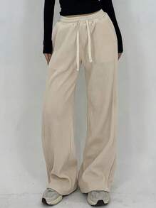 DAZY Pantalones anchos de unicolor, holgados y con forro térmico grueso, con cordón, cintura elástica y bolsillos, para mujer, con forro térmico para otoño e invierno - Beis - Ver 4