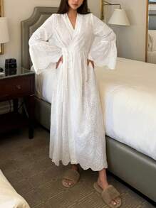 DAZY Bộ đồ ngủ dáng rộng thêu khoét rỗng phong cách Boho, dành cho mùa thu đông - trắng - Xem 7