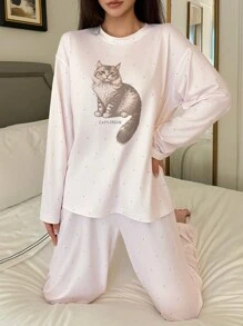 DAZY Cat Print Polka Dot Loose Pajama Set, Fall Winter Clothes