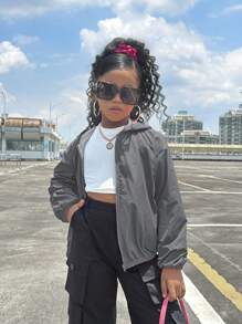 SHEIN Leap Crew Tween 女童宽松休闲字母印花连帽轻便夹克 - 淺灰色 - 查看 2