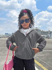 SHEIN Leap Crew Tween 女童宽松休闲字母印花连帽轻便夹克 - 淺灰色 - 查看 6