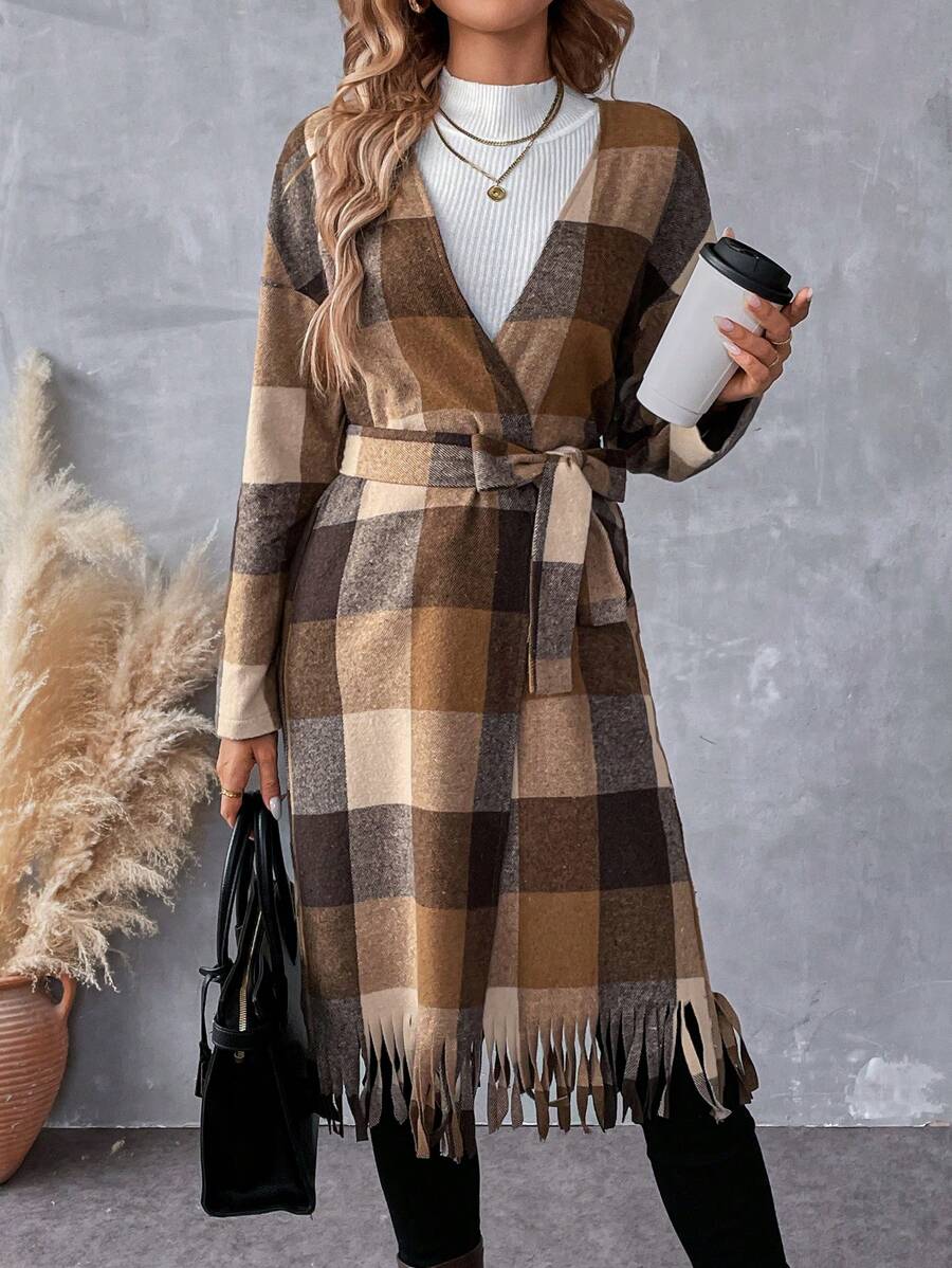 SHEIN LUNE 女式保暖格子领长款大衣，秋冬款 - 棕色 - 查看 1