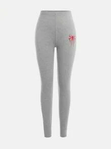 SHEIN Tween Girls Casual 2 Solid Color Gray& Black Spider Pattern Print Leggings 2 Pieces Multipack For Daily Wear - Multicolor - View 3