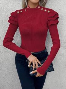 SHEIN LUNE Casual Everyday Button Decor Ruffle Trim Slim Fit Long Sleeve Sweater, Autumn/Winter Knit Pullover Fall - Burgundy - View 3