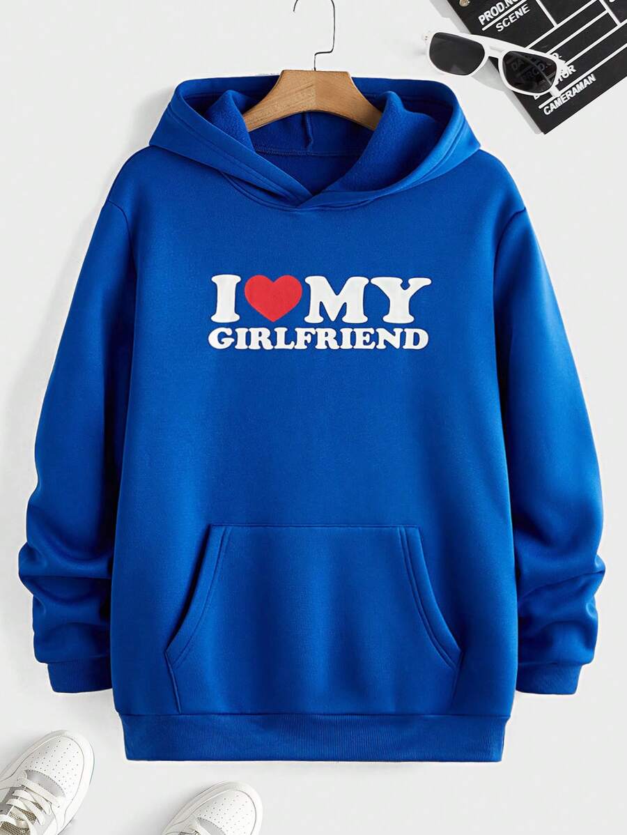 Manfinity Homme Men's Casual Slogan & Heart Print Hoodie, Fall/Winter - Blue - View 1