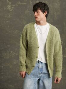 Manfinity VCAY Men Fuzzy Knit Cardigan Sweater - Army Green - View 1