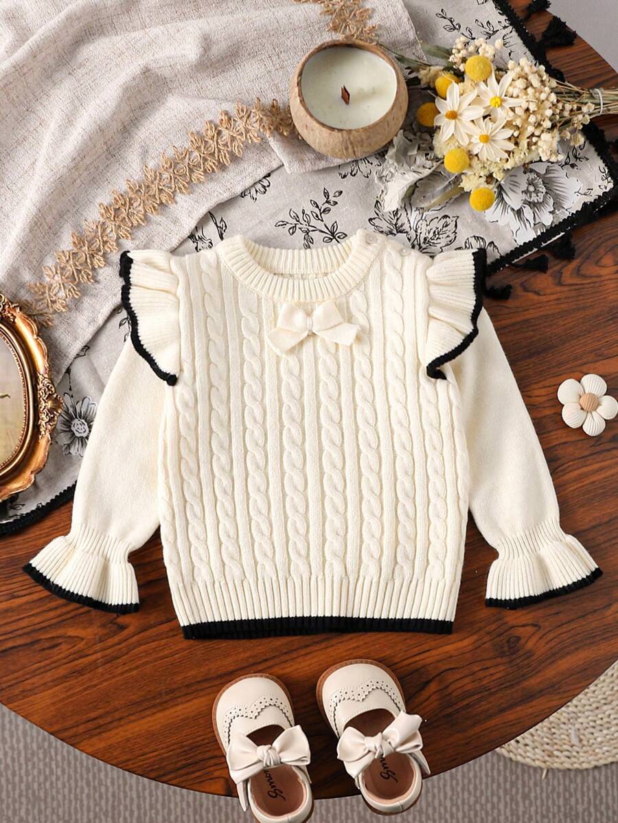 Ruffled Sweater For Baby Girls, Cute Bow Knitted Top, Soft And Comfortable, Warm Pullover For Home, Casual, Outings, Travel, And School - Beige - View 1
