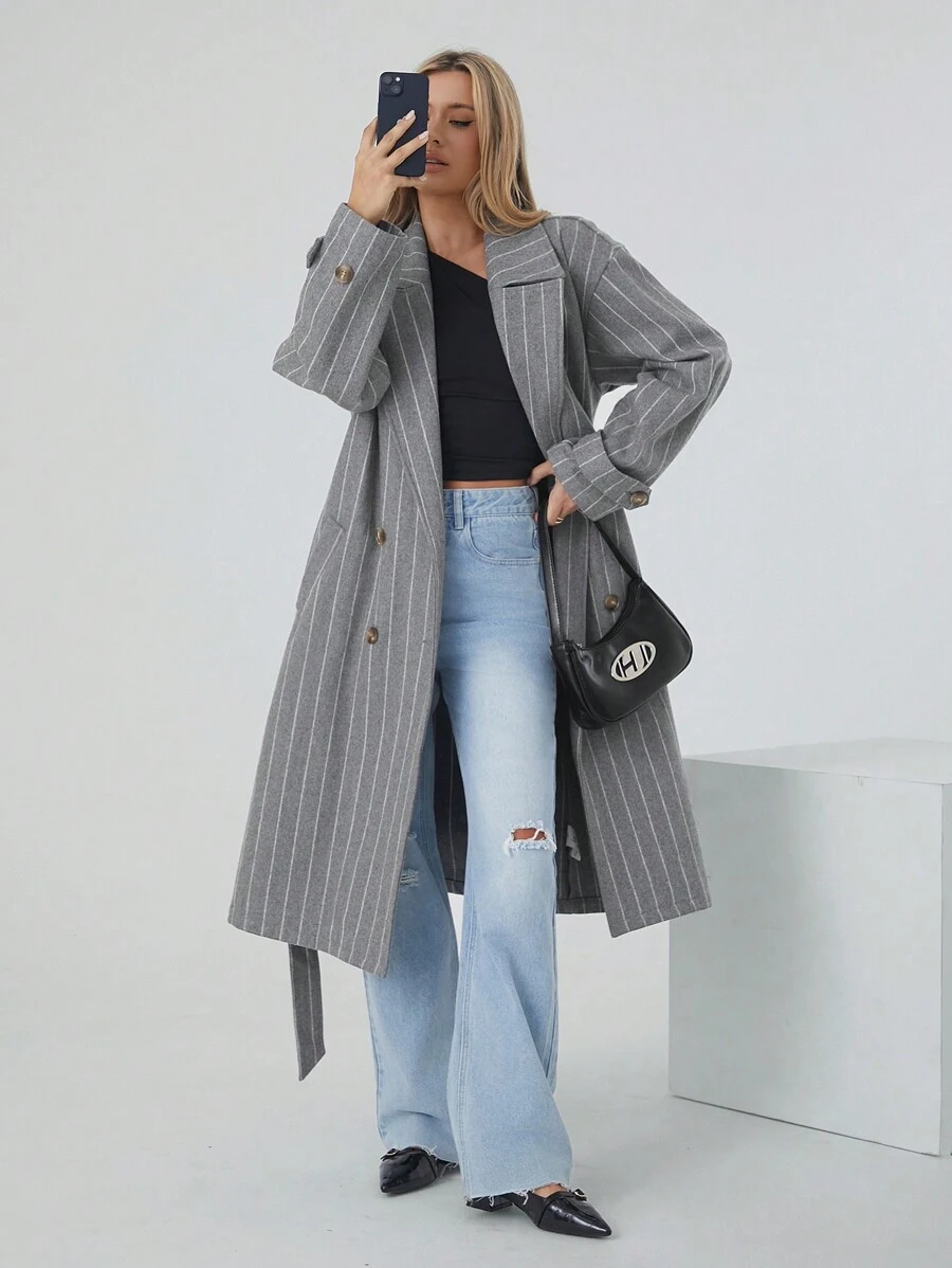 SHEIN EZwear 女士秋冬翻领长袖条纹中长款宽松休闲羊毛夹克 - 灰色 - 查看 1