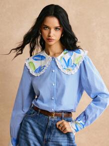 Poéselle 女式秋季花卉印花荷叶边领长袖格子可爱衬衫冬秋装 FW24，波西米亚风