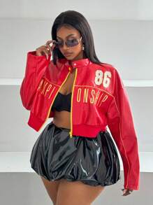 Maweii Plus Size Fashion Letter Embroidery Cropped Motorcycle Jacket For Autumn - Red - View 2