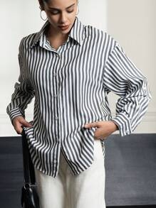 INAWLY 女士前扣长袖简约条纹衬衫，休闲日常穿着 - 黑與白 - 查看 3