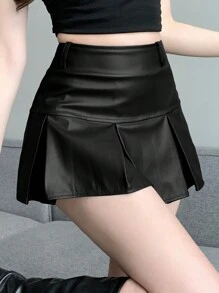 DAZY 女士纯色迷你百褶PU裙 秋季裙装 皮裙 - 黑色 - 查看 4