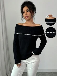 SHEIN Unity 女士露肩荷叶边下摆优雅毛衣，针织套头衫，秋冬款，1件 - 黑與白 - 查看 1