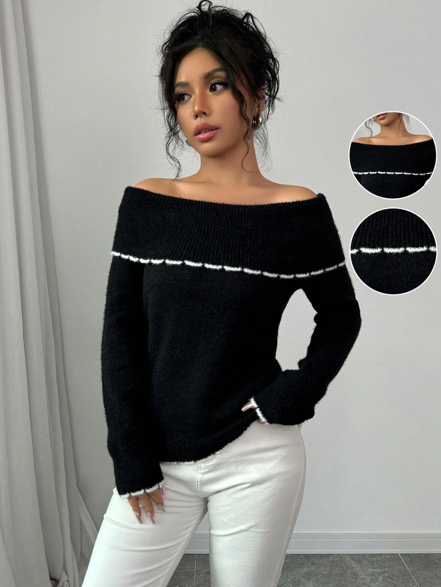 SHEIN Unity 女士露肩荷叶边下摆优雅毛衣,针织套头衫,秋冬款,1件 - 黑與白 - 查看 1